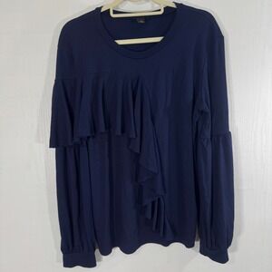 Halogen Ruffle Trim Blouse Top Size L‎ Long Sleeve Navy Blue Women